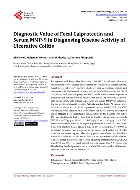 Pdf Diagnostic Value Of Fecal Calprotectin And Serum Mmp In