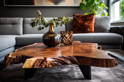 Mesa de café de acento de madera de borde vivo cerca del sofá de cerca