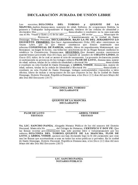 Declaración Jurada De Unión Libre Pdf República Dominicana