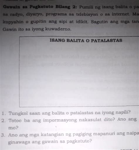 Gawain Sa Pagkatuto Bilang Pumili Ng Isang Balita O Patalastas Mula