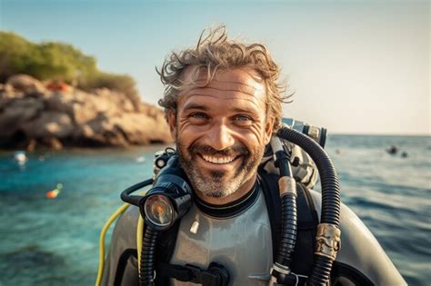 Premium Ai Image Portrait Of A Happy Male Scuba Diver Generative By Ai