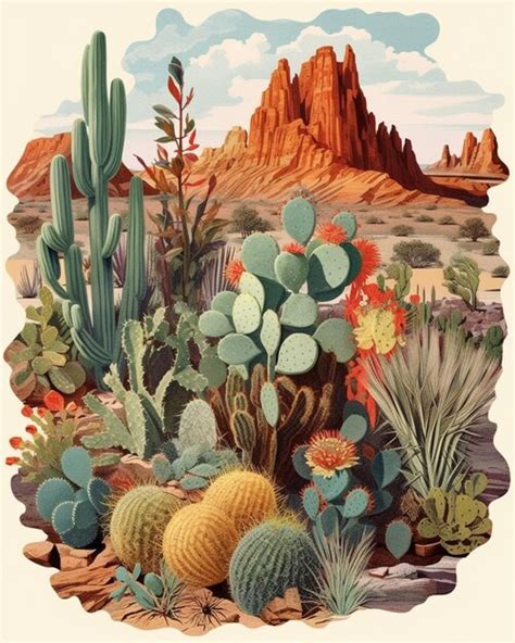 Hay Una Pintura De Una Escena Del Desierto Con Plantas De Cactus