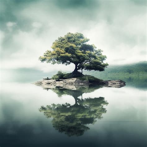 Premium Ai Image A Tree Is Reflected In The Water With A Mountain In