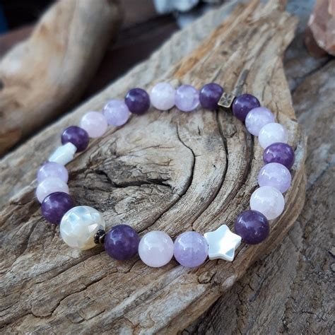 Bracelet Lépidolite Quartz rose Améthyste lavande et perle en nacre