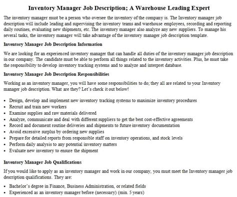 Inventory Manager Job Description A Warehouse Leading Expert Room