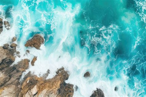 AI Generated Top View Of Blue Ocean Waves Crashing On Rocky Coastline