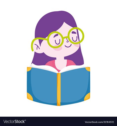 Little Student Girl With Glasses Reading Book Vector Image