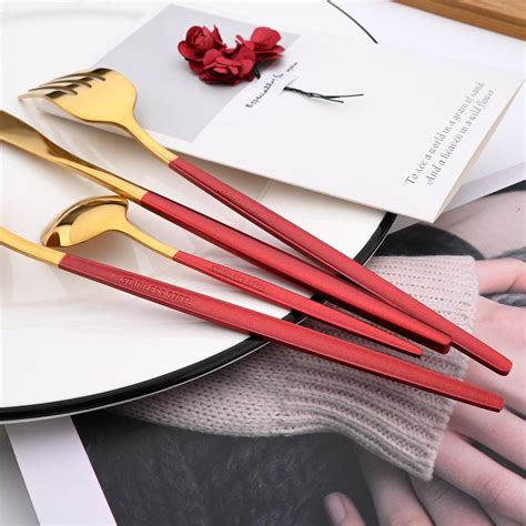 Buy 48pcs Red Gold Cutlery Set Mirror Dinnenrware Set Stainless Steel