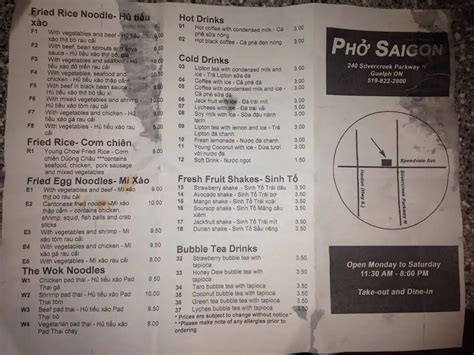 Menu at Pho Saigon restaurant, Guelph