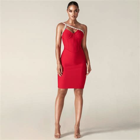 One Shoulder Rhinestone Mini Bandage Dress Ph01214 Wolddress