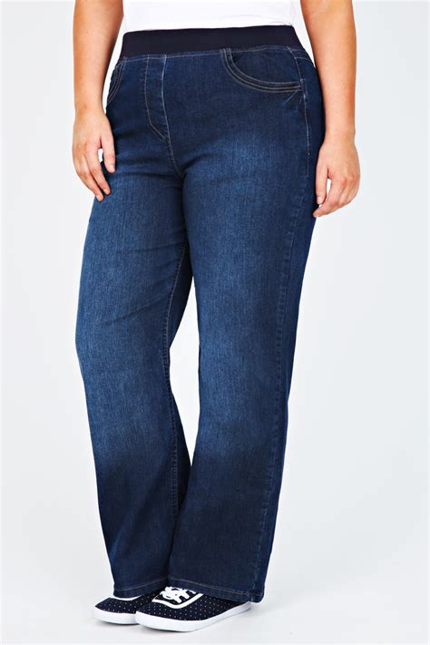 Indigo Wide Leg Slouch Pull On Jeans With Contrast Waistband Plus Size