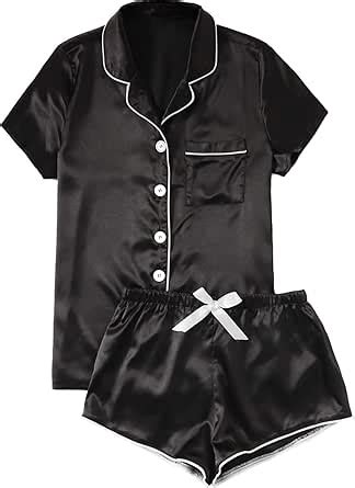 WDIRARA Women S Sleepwear Satin Short Sleeve Button Shirt And Shorts