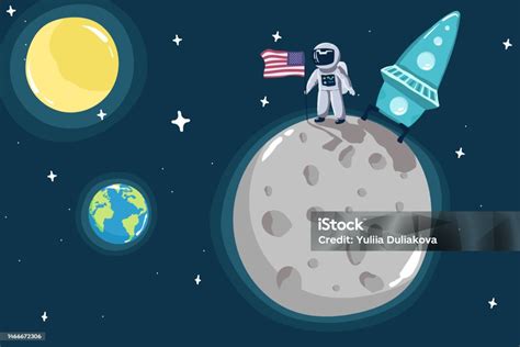 Astronot Kecil Yang Lucu Berdiri Di Bulan Dengan Bendera As Misi Luar