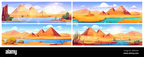 Pyramid And Sphinx In Egypt Desert Oasis Vector Landscape Background