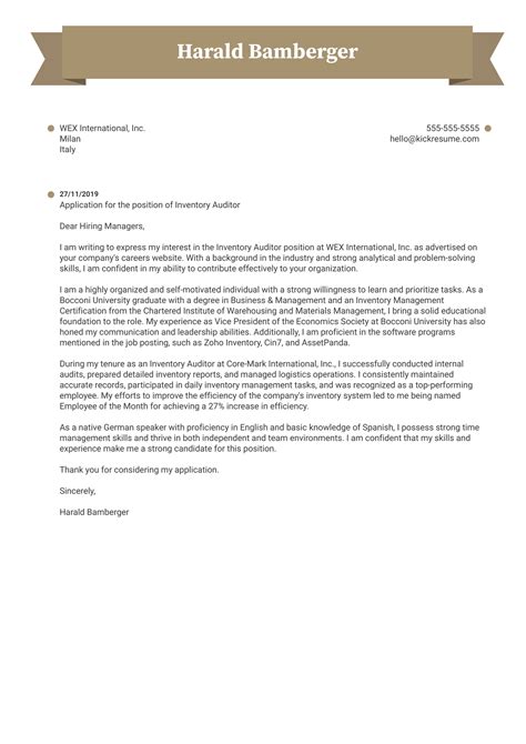 Inventory Auditor Cover Letter Sample Kickresume