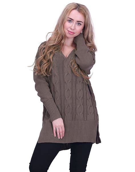 Women Casual V Neck Loose Fit Knit Sweater Pullover Top Light Brown