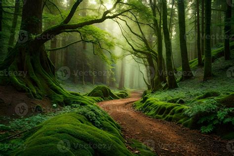 A Path Through A Green Forest With Mossy Trees Ai Generated