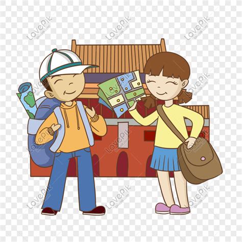 Hand Drawn Cartoon Na Cute Boy Girl Travel Illustration Larawan Numero