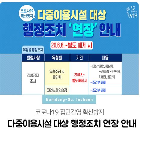 코로나19 집단감염 확산방지다중이용시설 대상 행정조치 연장 안내 인천