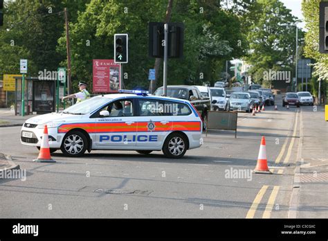 A Leicestershire Police Car At A Roadblock Stock Photo Alamy