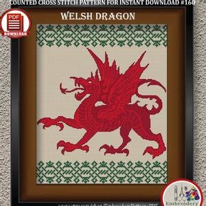 Welsh Dragon Cross Stitch Pattern Celtic Cross Stitch Y Ddraig Goch Embroidery Design Heraldic ...