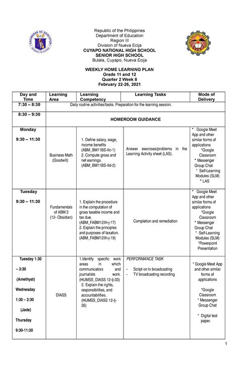 Weekly Home Learning Plan Republic Of The Philippines Department Of Education Region Iii