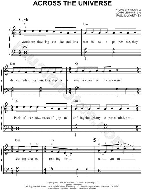 The Beatles Across The Universe Sheet Music Easy Piano In C Major