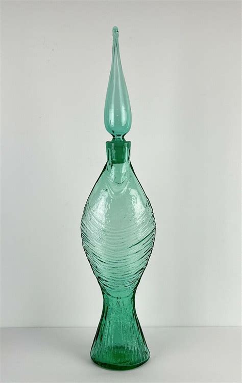 Blenko Glass Fish Decanter Mod Wayne Husted Green Stopper Mid