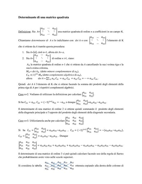 Appunti Sul Determinante Di Una Matrice Quadrata Determinante Di Una