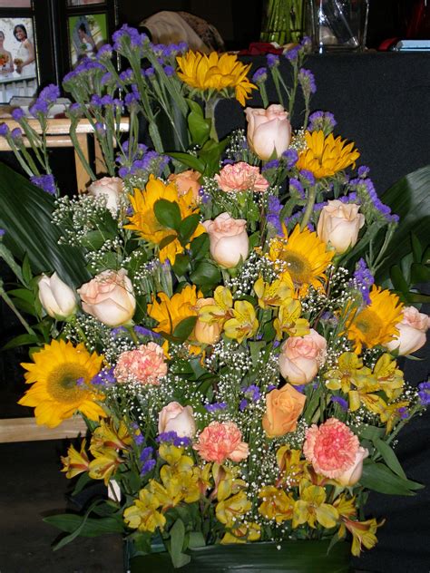 Altar Arrangement With Pink Roses Sunflowers Yellow Alstro Lilies