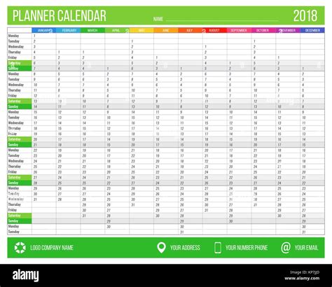 Planificateur de calendrier anglais pour l année 2018 12 mois