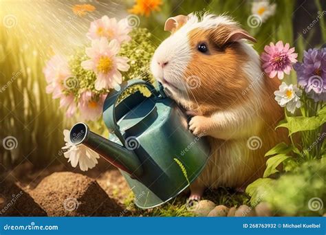 Funny Guinea Pig Watering Flowers With The Watering Can In The Garden