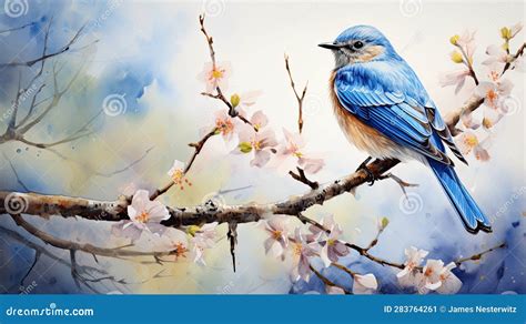 Watercolor Painting Of An Eastern Bluebird On A Tree Branch Stock