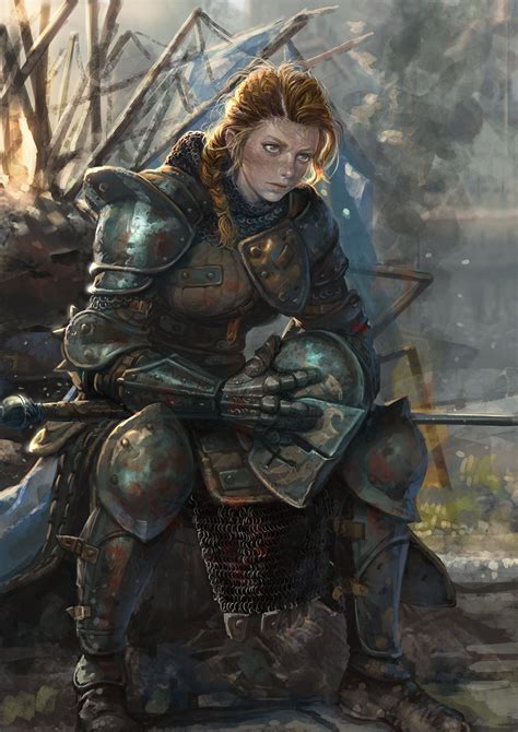 a woman in armor sitting on a bench