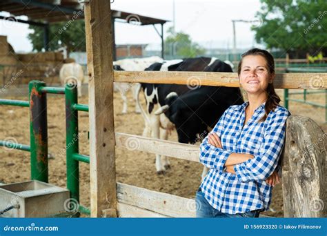 Smiling Female Farmer Standing Near Cowshed Stock Photo Image Of