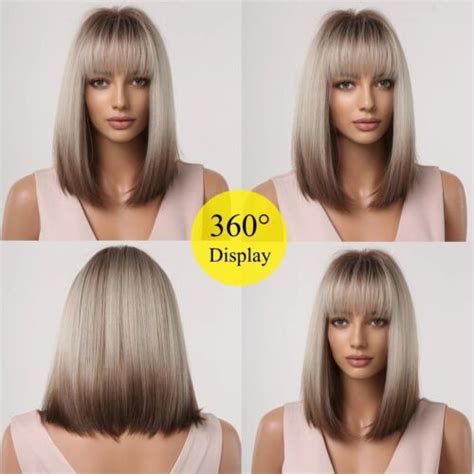 For Women Blonde To Brown Ombre Bob Wigs With Bang Short Straight Synthetic Wigs Ebay