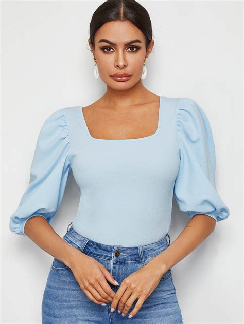 Ad Square Neck Puff Sleeve Top Tags Elegant Blue Pastel Plain