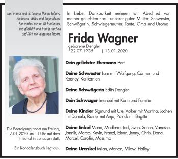 Traueranzeigen von Frida Wagner Schwarzwälder Bote Trauer