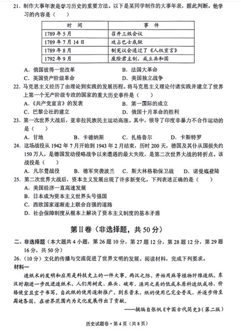 2023年昭通市中考历史试卷真题及答案44221学习网