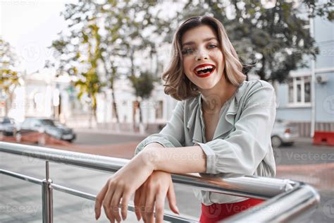 Cheerful Blonde Red Lips Walk Posing Street Style Stock Photo At Vecteezy