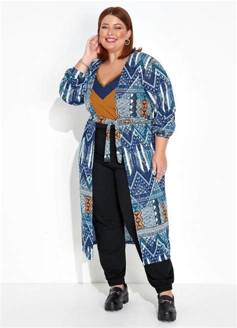 Marguerite Cardigan Tnico Azul Mangas Bufantes Plus Size Cardigan