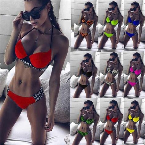 Womens Sexy Push Up Swimwear Brazilian Bikini Set Letter Print Bandage Swimsuit EBay