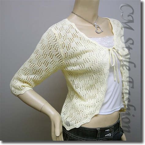 Front Tie Eyelet Crochet Knit Cardigan Top Yellow