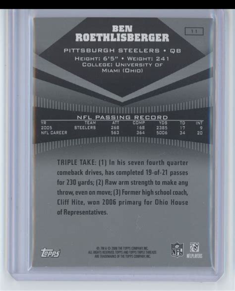 2006 Topps Triple Threads Ben Roethlisberger /1199 Pittsburgh Steelers ...