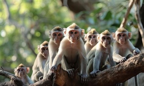 Un Grupo De Monos Sentados En Una Rama De Un Rbol Foto Premium