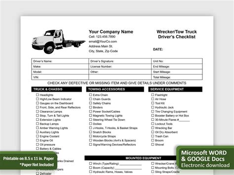 Tow Truck Checklist For Drivers Wrecker Towing Equipment Checklist