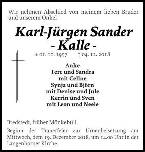 Traueranzeigen Von Karl J Rgen Sander Sh Z Trauer