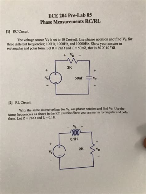 Solved Ece 204 Pre Lab 05 Phase Measurements Rcrl 1l Rc