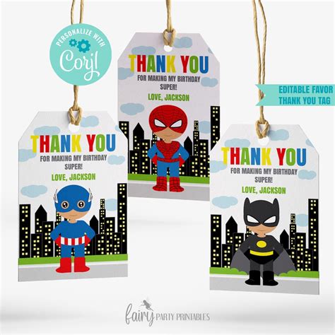 Editable Printable Superheroes Thank You Tag Superhero Birthday Favor