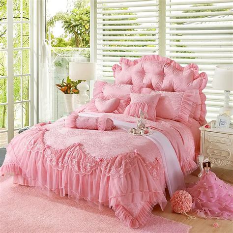 Pink Jacquard Silk Princess Style Bedding Set 4pcs Silk Lace Ruffles